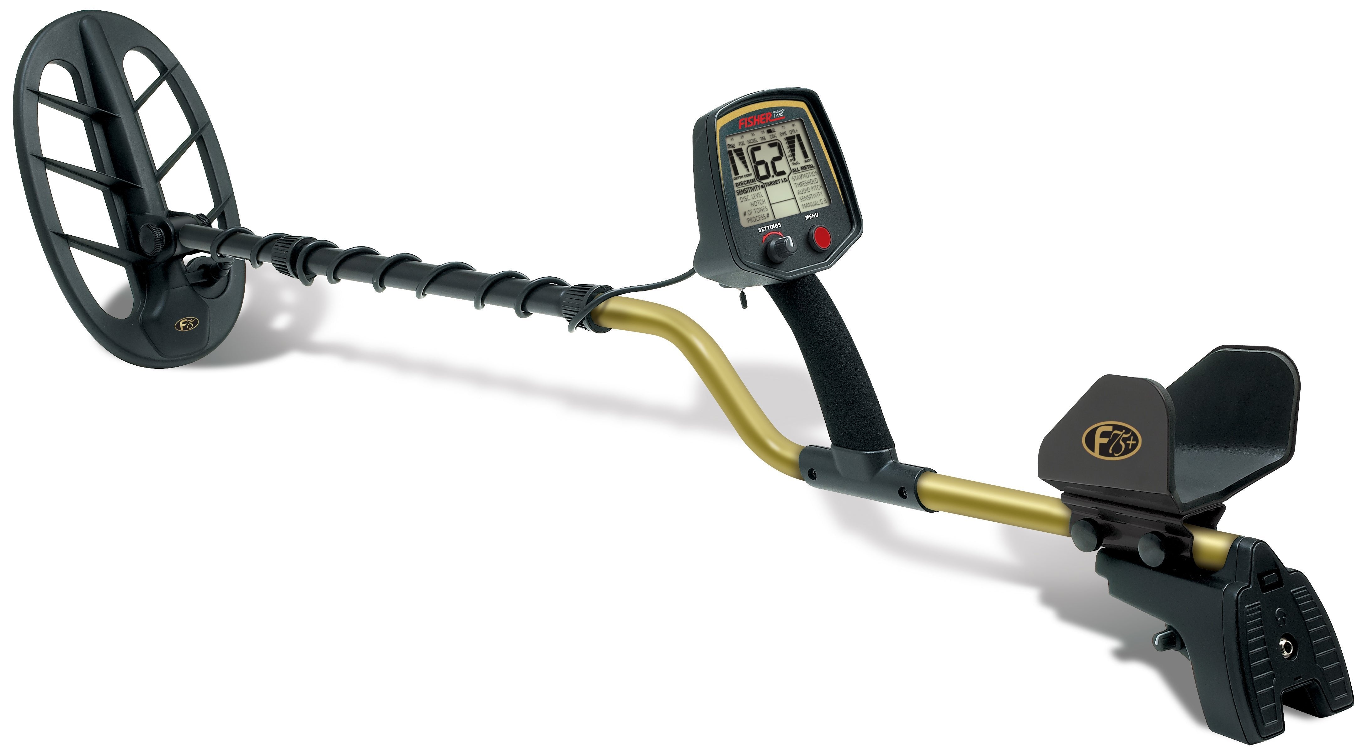 Full side view of the Fisher Labs F75+ Multi-Purpose Metal Detector, extended, highlighting its gold shaft, black control box, and search coil. Demonstrates its lightweight design and user-friendly interface.