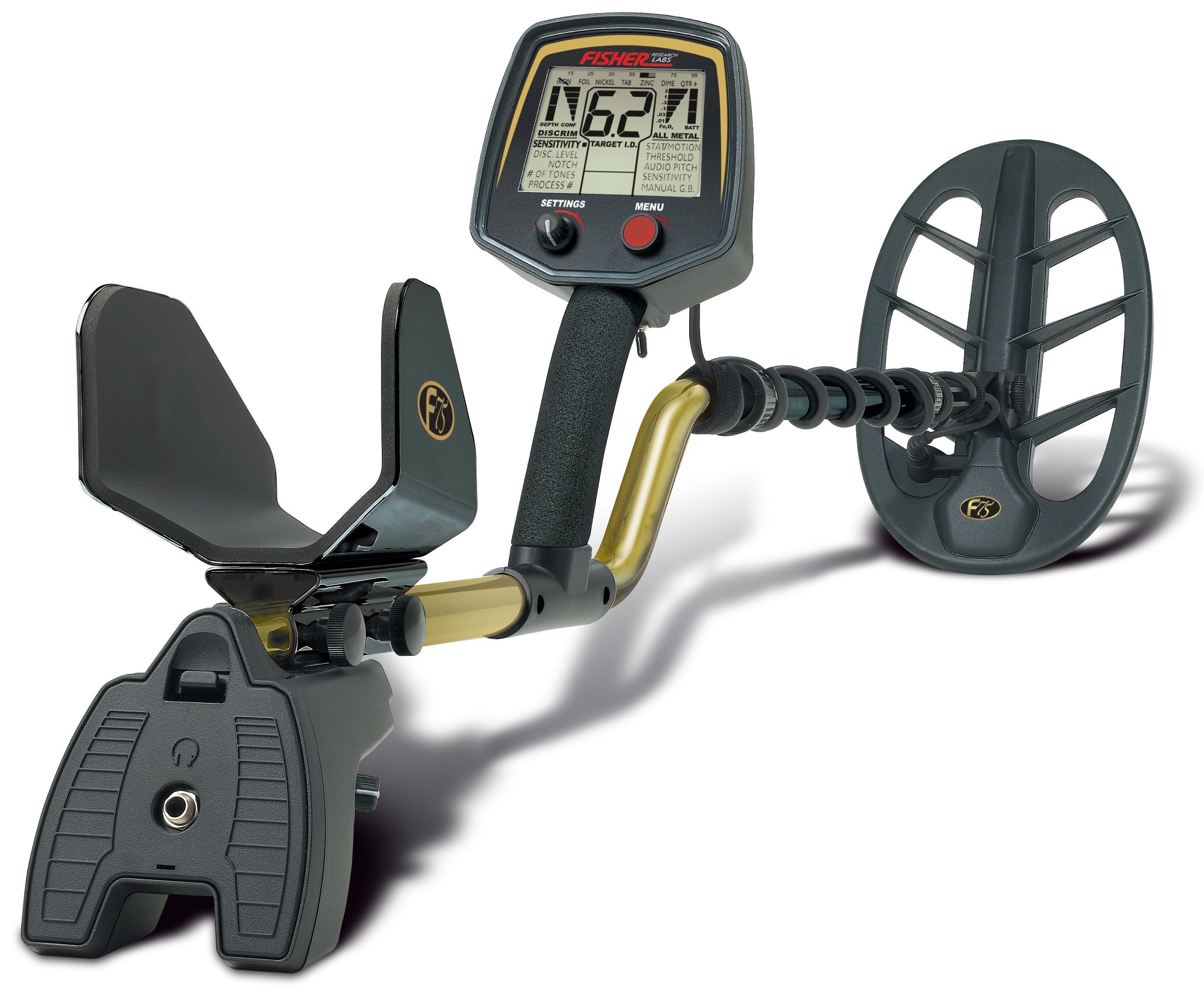Fisher Labs F75+ Multi-Purpose Metal Detector in a three-quarter view, showcasing its black search coil on the right, gold shaft, and black control box with a digital interface. Perfect for outdoor treasure hunting.