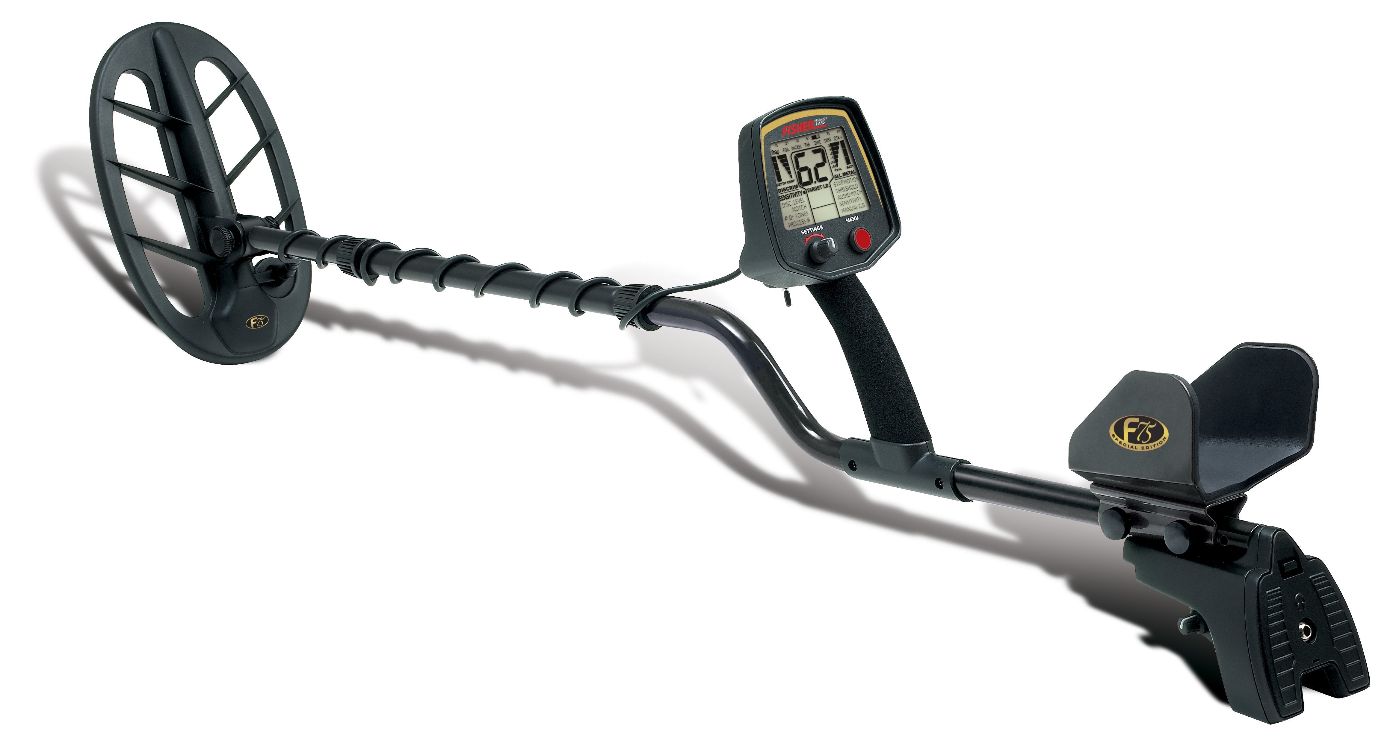 Full length view of the Fisher Labs F75 Special Edition Metal Detector, showcasing its complete assembly from search coil to armrest.