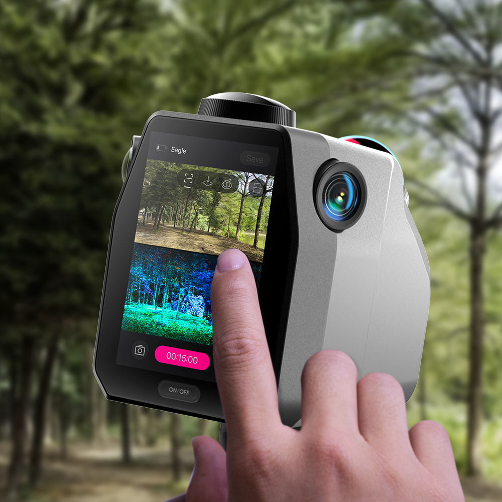 3DMakerPro Eagle Max LiDAR scanner used outdoors with an 8K color point cloud on screen
