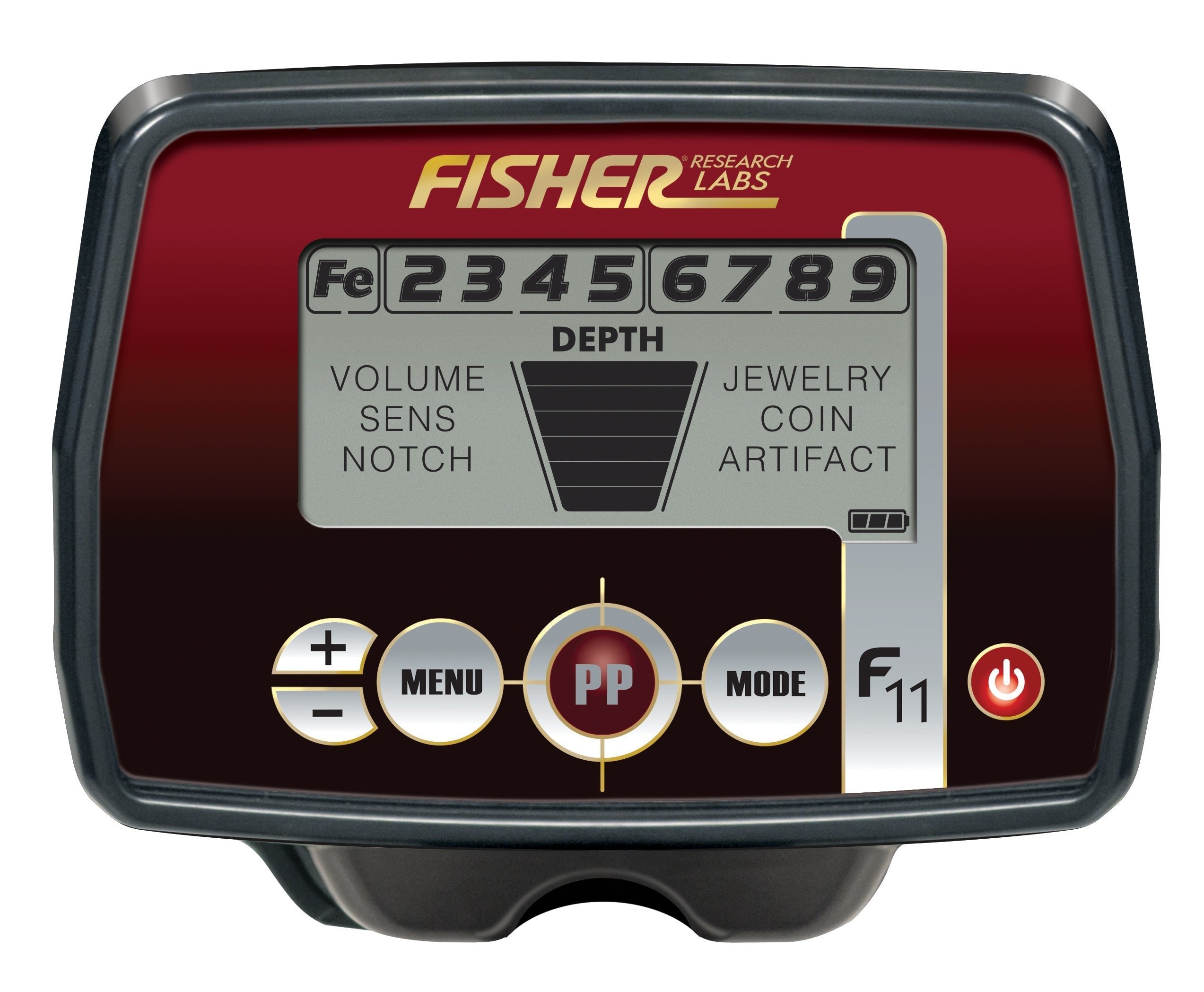 A detailed close-up of the Fisher Labs F11 metal detector's control panel, featuring its red and black digital display with settings for volume, sensitivity, notch, depth, and target categories like jewelry, coin, and artifact, along with various control buttons.