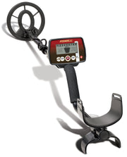 A full, angled view of the Fisher Labs F11 metal detector, showcasing its black search coil, red and black control box with a digital display, and ergonomic armrest, set against a white background.