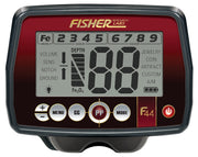 Close-up view of the Fisher Labs F44 The Ultimate Weatherproof Multi-Purpose Metal Detector's control panel and digital display, showing various settings, target ID numbers, and mode buttons.