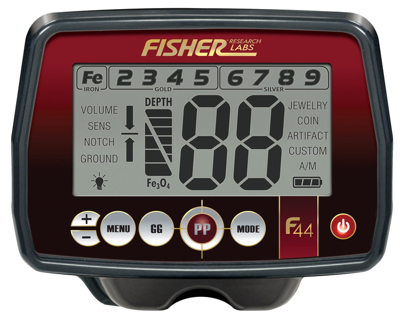 Close-up view of the Fisher Labs F44 The Ultimate Weatherproof Multi-Purpose Metal Detector's control panel and digital display, showing various settings, target ID numbers, and mode buttons.
