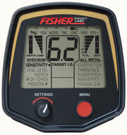 Close-up view of the Fisher Labs F75+ Multi-Purpose Metal Detector's control box display, showing detailed settings, target identification numbers, and menu buttons.