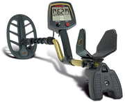 Fisher Labs F75+ Multi-Purpose Metal Detector shown in a three-quarter view, featuring its black search coil on the left, gold shaft, and black control box with a digital display. Ideal for coin and relic hunting.