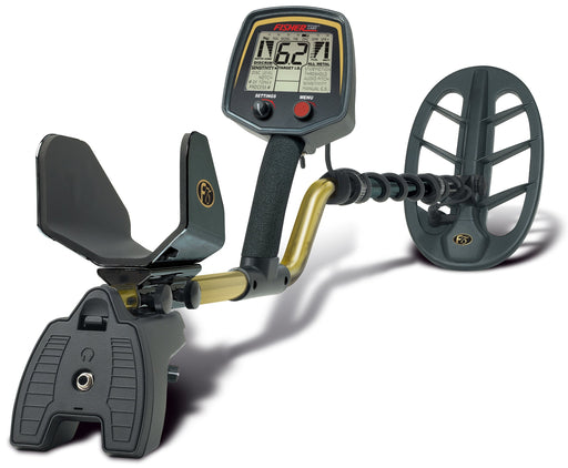 Fisher Labs F75+ Multi-Purpose Metal Detector in a three-quarter view, showcasing its black search coil on the right, gold shaft, and black control box with a digital interface. Perfect for outdoor treasure hunting.