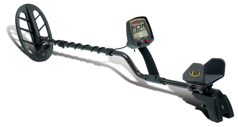 Full length view of the Fisher Labs F75 Special Edition Metal Detector, showcasing its complete assembly from search coil to armrest.