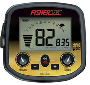 Close-up view of the Fisher Labs Gold Bug Pro Metal Detector's control box, showing the digital display with "82 83.5", gain, threshold, and ground balance controls.