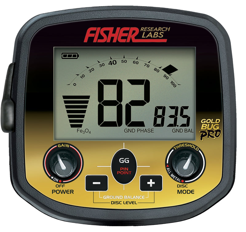 Close-up view of the Fisher Labs Gold Bug Pro Metal Detector's control box, showing the digital display with "82 83.5", gain, threshold, and ground balance controls.