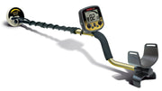 Fisher Labs Gold Bug Pro Metal Detector in a full view with its standard larger search coil, control box displaying "82 83.5", shaft, and armrest. Suitable for various treasure hunting activities.