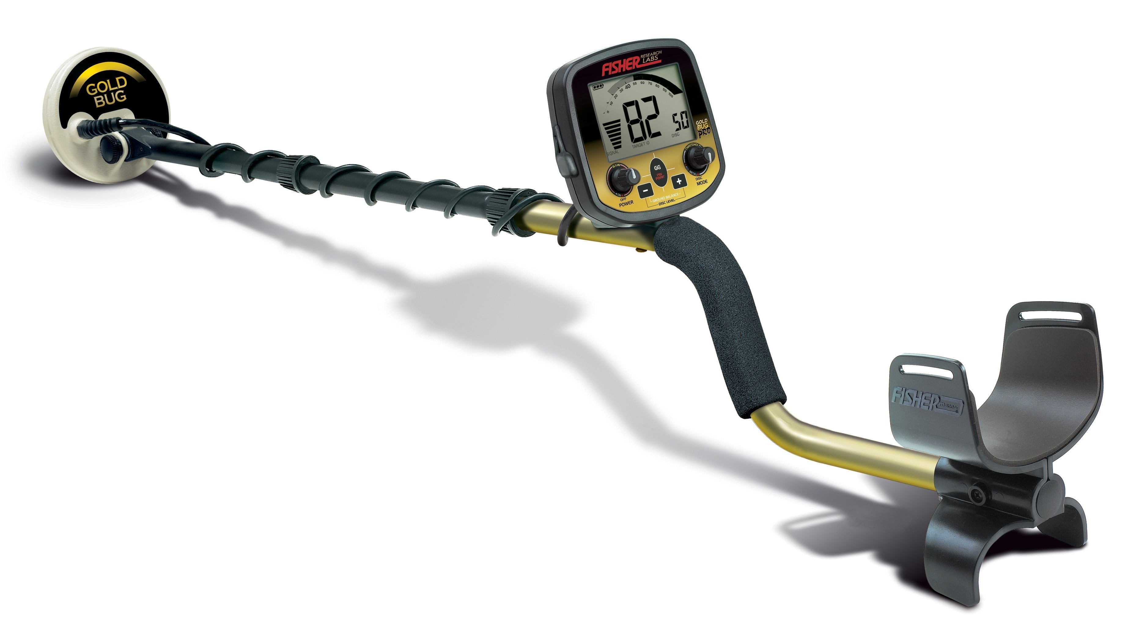 Fisher Labs Gold Bug Pro Metal Detector in a full view with its standard larger search coil, control box displaying "82 83.5", shaft, and armrest. Suitable for various treasure hunting activities.