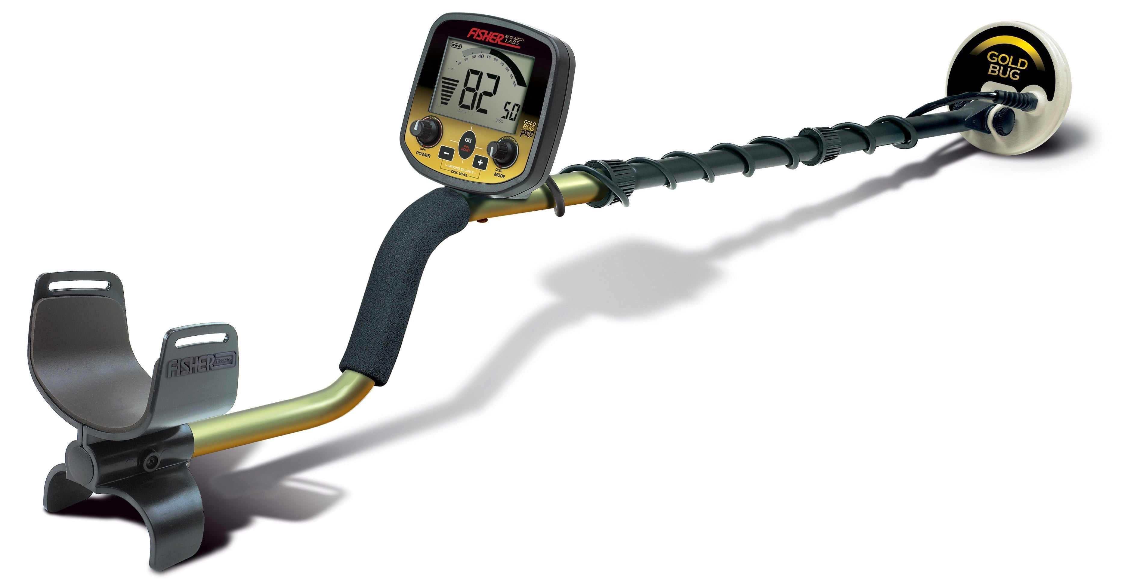 Fisher Labs Gold Bug Pro Metal Detector shown from a rear-angle view, highlighting the larger search coil and control box with display "82 83.5".