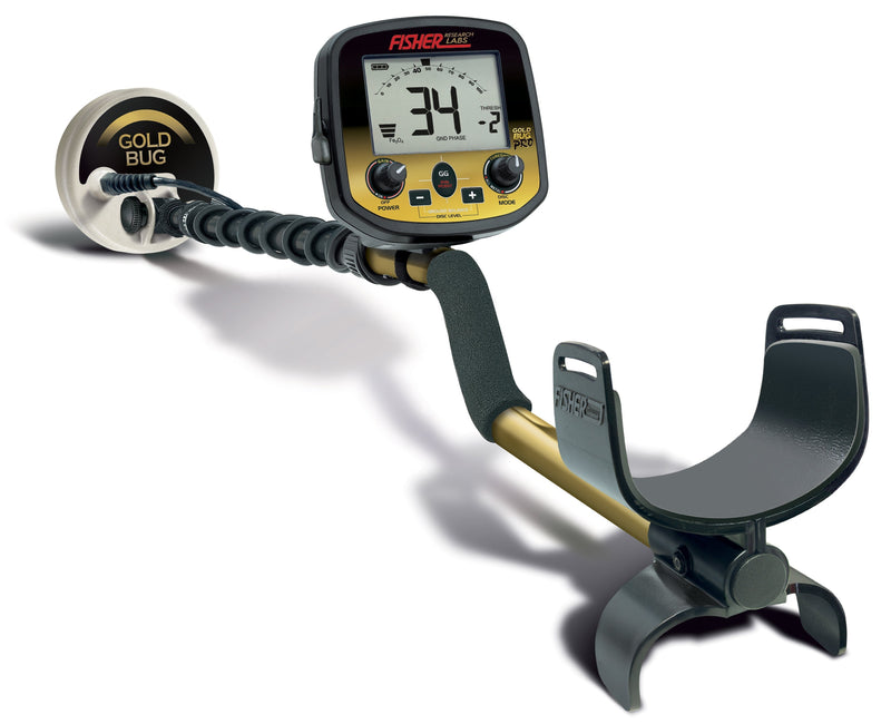 Fisher Labs Gold Bug Pro Metal Detector shown in a full view with its smaller search coil, control box displaying "34 -2", shaft, and armrest. Ideal for gold prospecting and coin hunting.