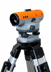 Nedo F24 Builders' Level, an optical instrument, mounted on a black tripod, angled front view.