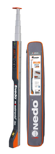Nedo mEsstronic Digital Measuring Rod, extended 3m rod next to carrying case with product label.