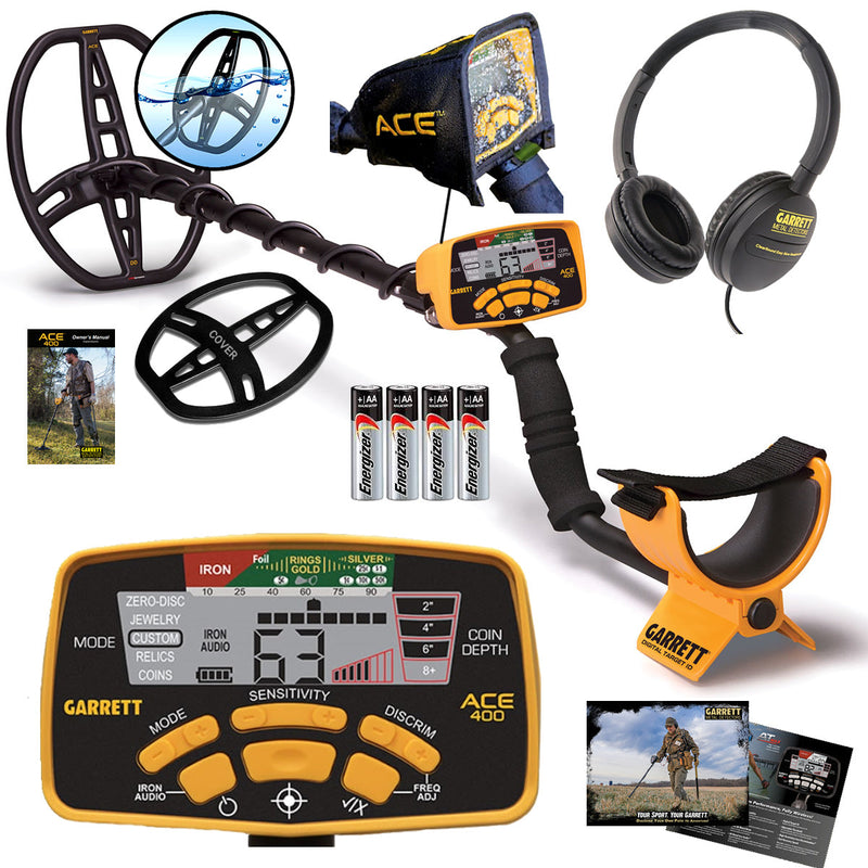 Garrett ACE 400 metal detector with 8.5 by 11 inch DD searchcoil