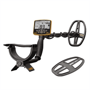 Garrett ACE Apex metal detector on its stand with a spare search coil