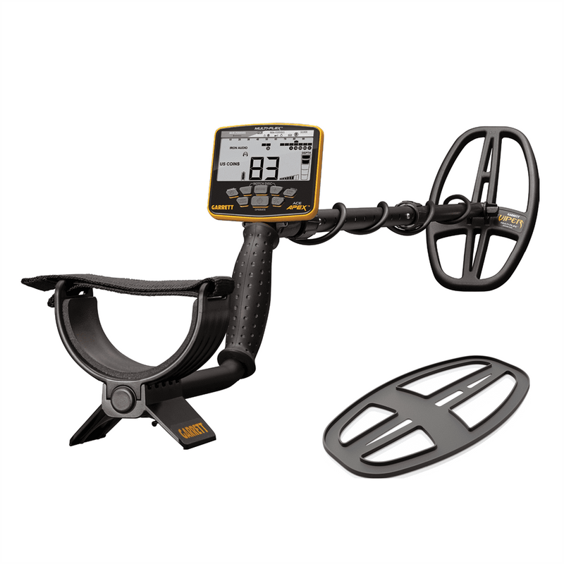 Garrett ACE Apex metal detector on its stand with a spare search coil