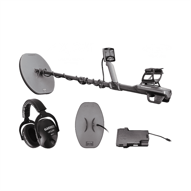 Garrett Axiom International package with two searchcoils, soft travel case and battery booster pack