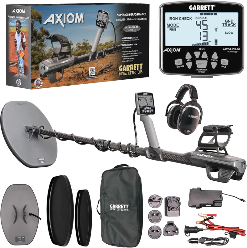 Garrett Axiom standard package with two coils, MS-3 wireless headphones and soft travel bag
